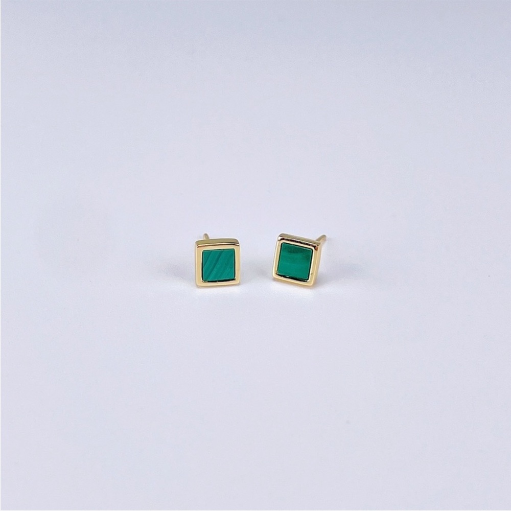 Malachite Square Stud Earrings 18K Gold S925